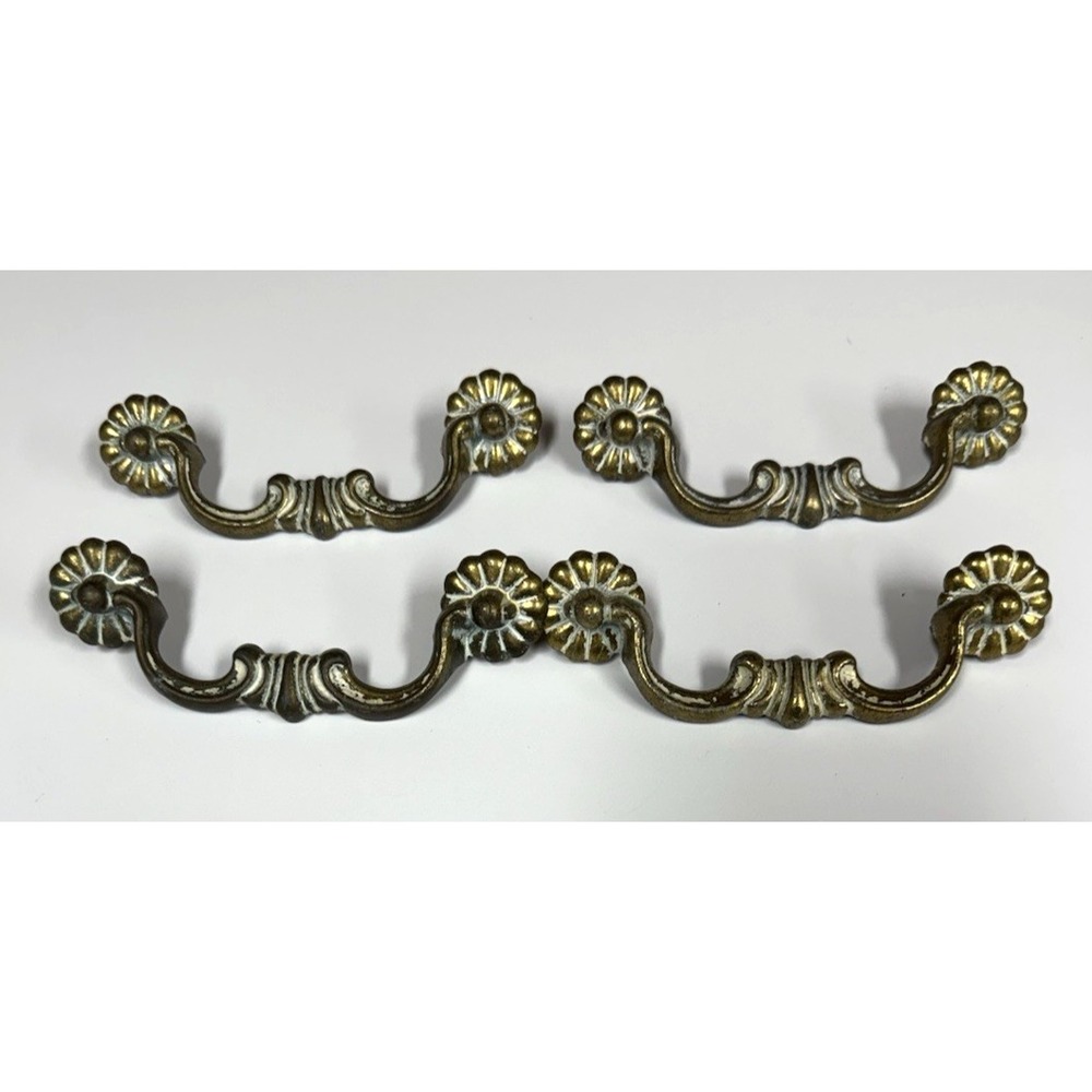 4 Vintage Ornate Style Drawer Pulls Brass Tone Dresser Hardware 4" CTC 1998